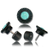 Cargar imagen en el visor de la galería, Fake Plug Piercing Arang Holz schwarz Türkis Inlay Blume - chic-net.de
