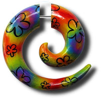 Load image into Gallery viewer, Fake Spirale Blumen bunt schwarz Piercing Holz 8 mm handbemalt Expander Edelstahl Plug Ohrstecker - chic-net.de
