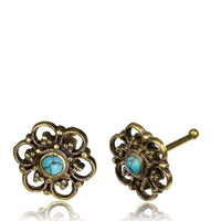 Load image into Gallery viewer, Gerader Nasenstecker (oder Tragus) Türkis golden Blümchen Brass 8 mm lang - chic-net.de
