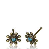 Load image into Gallery viewer, Gerader Türkis Nasenstecker Tragus antik golden Punkte Blume Messing 8 mm lang - chic-net.de
