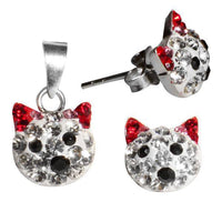 Cargar imagen en el visor de la galería, Glitzerschmuckset Katze weiß rot Kristall Zirkonia Anhänger Ohrstecker 925er Silber Damen Schmuck - chic-net.de
