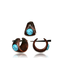 Cargar imagen en el visor de la galería, Holz Pin Creolen 14mm dunkelbraun Horn-Pin Ohrringe Türkis Inlay rund Handarbeit - chic-net.de
