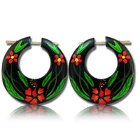Cargar imagen en el visor de la galería, Holz Pin Ohrringe 38 mm breit Hawaii Blumen rot grün Creolen Horn schwarz handgeschnitzt handbemalt - chic-net.de
