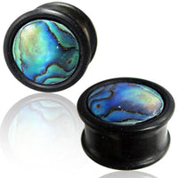 Cargar imagen en el visor de la galería, Holz Plug Arang Wood Abalone Muschel Inlay Tribal schwarz bunt schillernd Organic Tunnel Expander - chic-net.de
