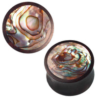 Load image into Gallery viewer, Holz Plug dunkelbraun gemasert rund Inlay schillernde Muscheloptik Tunnel Tribal Expander - chic-net.de
