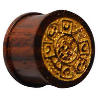 Cargar imagen en el visor de la galería, Holz Plug dunkelbraun Maya Maske gold Lasergravur - chic-net.de
