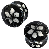 Load image into Gallery viewer, Holz Plug Hawaii Blume weiß schwarz Teakholz handbemalt - chic-net.de
