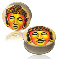 Cargar imagen en el visor de la galería, Holz Plug hell Buddha Kopf handbemalt orange gelb Tunnel Organic Ohrschmuck Ohrstecker Ohrringe - chic-net.de
