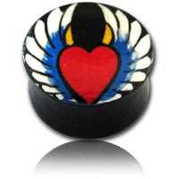 Cargar imagen en el visor de la galería, Holz Plug Herz Engel Flügel Teufel Hörner Teakholz schwarz rot gelb weiß Tunnel Unisex Ohrschmuck Ohrstecker - chic-net.de
