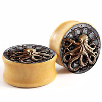 Load image into Gallery viewer, Holz Plug Oktopus Krake Bild beige hell double flared - chic-net.de
