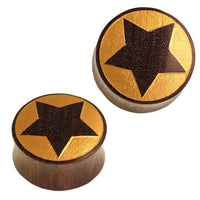 Load image into Gallery viewer, Holz Plug Stern golden Gravur Sonoholz dunkelbraun Rand - chic-net.de
