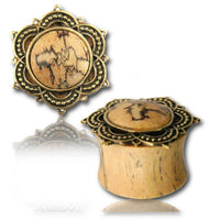 Load image into Gallery viewer, Holz Plug Tamarindenholz Lotus Blume Afghan Style Brass Inlay antik gold Tribal Tunnel Organic - chic-net.de
