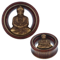 Load image into Gallery viewer, Holz Tunnel Buddha meditierend Brass Inlay antik golden Tribal Plug Expander - chic-net.de
