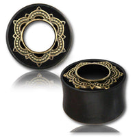 Cargar imagen en el visor de la galería, Holz Tunnel Eisenholz Lotus Brass Inlay golden handgeschnitzt Tribal Plug Expander - chic-net.de
