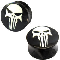 Cargar imagen en el visor de la galería, Horn Plug in schwarz weiß Totenkopf Muster handgeschnitzt Tribal Buffalo Tunnel Ohrstecker - chic-net.de

