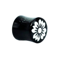 Cargar imagen en el visor de la galería, Horn Plug schwarz Bone Inlay weiß Blume Organic Expander Tribal Piercing Ohrstecker Tunnel - chic-net.de
