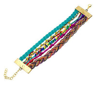 Cargar imagen en el visor de la galería, Ibiza Messing Armband mehrlagig golden dunkel türkis Perlen nickelfrei antik Tribal 17,8 cm Karabiner - chic-net.de
