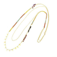 Load image into Gallery viewer, Kette 18 karat vergoldet Faden Regenbogen Plättchen Stein Perlen nickelfrei Karabiner lang zweilagig - chic-net.de
