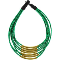 Cargar imagen en el visor de la galería, Kette Messing grün Rohre gebogen Seidenfaden mehrlagig nickelfrei 46 cm antik Tribal Brass - chic-net.de
