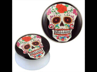 Cargar imagen en el visor de la galería, Acryl Plug weiß schwarz Candy Skull bunt Rose Blumen Piercing Ohrschmuck - chic-net.de
