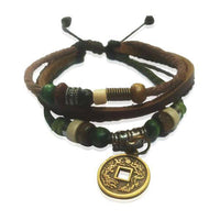Load image into Gallery viewer, Lederarmband Münze asiatisch Surfer grün braun Band Holz Brass Perlen verstellbar Leder nickelfrei - chic-net.de
