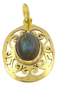 Load image into Gallery viewer, Messing Anhänger Labradorit oval Spiralen Rauten antik golden Kette Schmuck Tribal - chic-net.de
