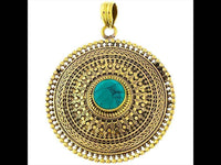 Cargar imagen en el visor de la galería, Messing Anhänger Türkis Kreise Zopf 63 mm facettiert antik golden Kette nickelfrei Schmuck Tribal - chic-net.de
