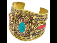 Cargar imagen en el visor de la galería, Messing Armreif gold Raute Mandel Seile Türkis Jaspis breit nickelfrei verstellbar antik Tribal - chic-net.de
