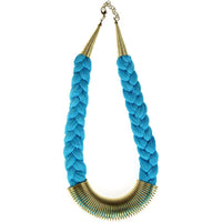 Cargar imagen en el visor de la galería, Messing Kette gold hellblau Zopf Feder nickelfrei 45-49 cm Baumwolle Karabiner antik Tribal Brass - chic-net.de
