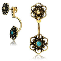 Load image into Gallery viewer, Messing Ohrstecker antik golden Ear Jacket Blumen Türkis Onyx Doppelohrstecker - chic-net.de
