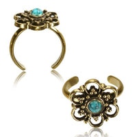 Cargar imagen en el visor de la galería, Messing Zehenring Türkis Blume golden antik verstellbar nickelfrei - chic-net.de
