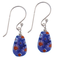 Cargar imagen en el visor de la galería, Muranoglas Kugel 11 mm Ohrringe blau mit roten Blumen Glas Silber 925er Sterling - chic-net.de
