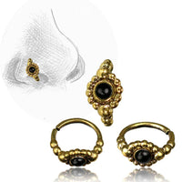 Load image into Gallery viewer, Nostril Piercing Nasenringe Brass antik golden Kugelblume Onyx 1 cm/0,8 mm - chic-net.de
