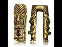 Load image into Gallery viewer, Ohrgewichte Piercing Tiki Skulptur U-Form Brass antik golden Onyx 28 g - chic-net.de
