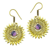 Cargar imagen en el visor de la galería, Ohrringe Amethyst Stein Zopf Blätter Punkte Dreiecke Messing Ohrhänger lila nickelfrei antik Tribal - chic-net.de
