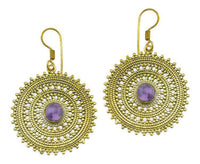 Cargar imagen en el visor de la galería, Ohrringe Amethyst Zopf Kreis Punkte Dreiecke Messing Ohrhänger lila nickelfrei antik golden Tribal - chic-net.de
