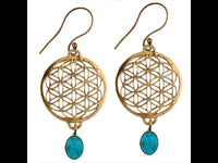 Cargar imagen en el visor de la galería, Ohrringe Blume des Lebens rund Türkis Stein Messing antik golden nickelfrei Tribal Brass - chic-net.de
