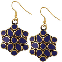 Cargar imagen en el visor de la galería, Ohrringe Blume Kreise Tropfen Lapis Messing antik golden nickelfrei Tribal Ohrhänger - chic-net.de
