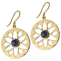 Cargar imagen en el visor de la galería, Ohrringe Blume Lapis glänzend Messing Brass antik golden Ohrhänger nickelfrei Tribal - chic-net.de
