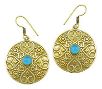 Cargar imagen en el visor de la galería, Ohrringe Chalzedon Stein Herz Kreis Dreiecke Messing Ohrhänger türkis nickelfrei antik Tribal Brass - chic-net.de
