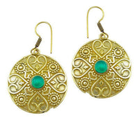 Cargar imagen en el visor de la galería, Ohrringe grüner Onyx Stein Herz Kreis Dreiecke Messing Ohrhänger nickelfrei antik golden Tribal - chic-net.de
