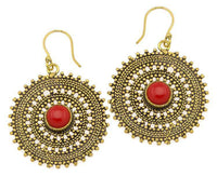 Cargar imagen en el visor de la galería, Ohrringe Jaspis Zopf Kreis Punkte Dreiecke Messing Ohrhänger rot nickelfrei antik golden Tribal - chic-net.de
