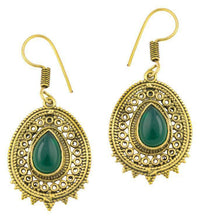 Cargar imagen en el visor de la galería, Ohrringe Onyx grün Tropfen oval Zacken Kreise Messing antik golden Tribal - chic-net.de
