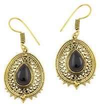 Cargar imagen en el visor de la galería, Ohrringe Onyx Tropfen oval Zacken Kreise Messing antik golden Tribal - chic-net.de
