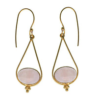 Cargar imagen en el visor de la galería, Ohrringe Rosenquarz oval Tropfen Dreieck Punkte Messing antik golden nickelfrei Tribal Ohrhänger - chic-net.de
