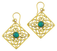 Cargar imagen en el visor de la galería, Ohrringe Türkis Karo Ornamente glänzend Messing antik golden Tribal 40 mm - chic-net.de
