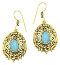 Load image into Gallery viewer, Ohrringe Türkis Tropfen oval Zacken Kreise Messing antik golden Tribal - chic-net.de
