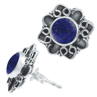 Cargar imagen en el visor de la galería, Ohrstecker blau Lapis Stein rund, silber Rand Blume verschnörkelt Herz Ohrringe 925er Sterlingsilber - chic-net.de
