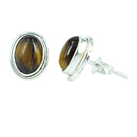 Load image into Gallery viewer, Ohrstecker Braun oval Tigerauge 10 mm Ø eingefasst 925er Sterlingsilber Rand - chic-net.de
