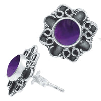 Cargar imagen en el visor de la galería, Ohrstecker lila Stein Amethyst rund, silber Rand Blume verschnörkelt Herz 925er Sterlingsilber - chic-net.de
